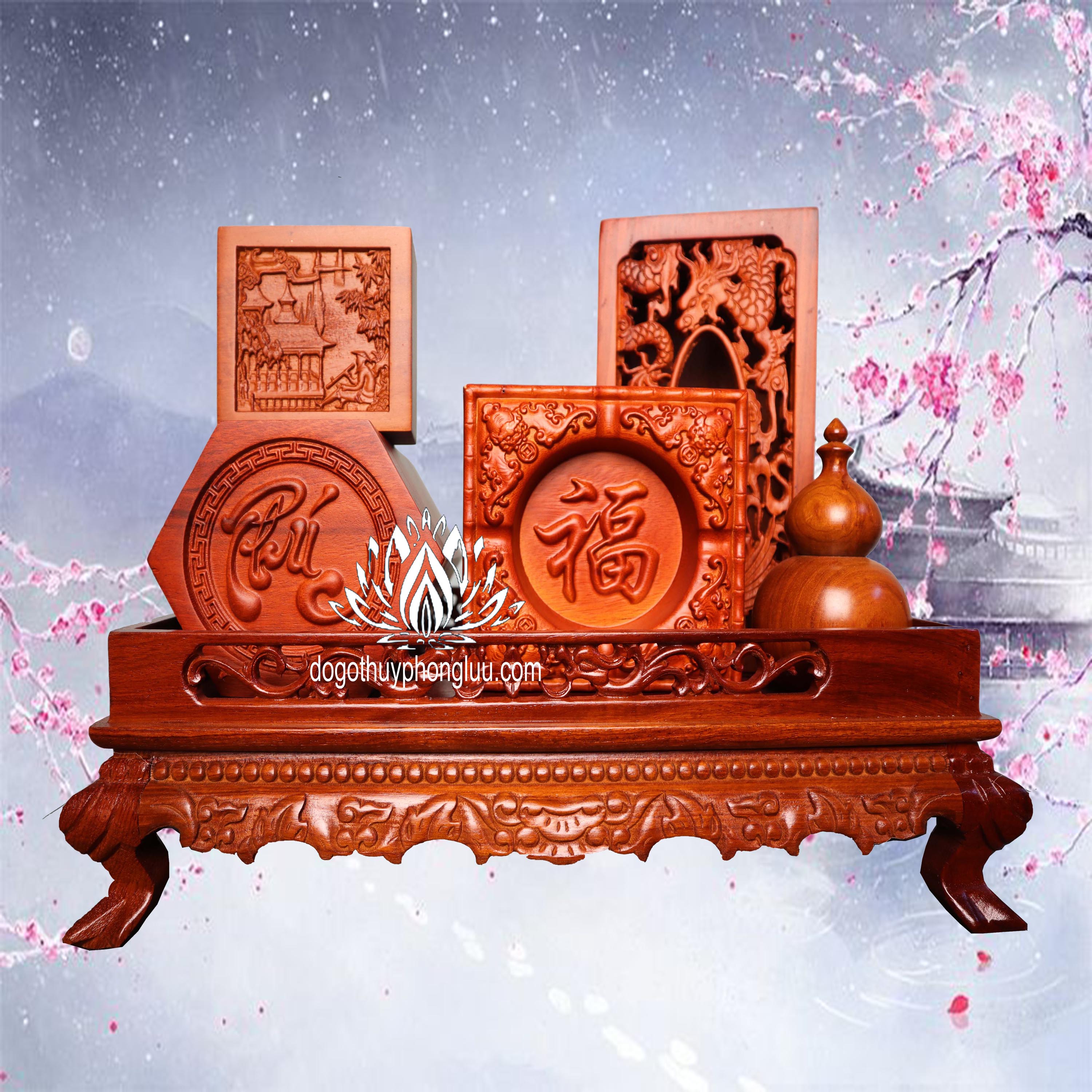 Combo 6 món giá rẻ khay trà rồng,gạt tàn,hộp giấy,hộp đựng chè,ống tăm,hộp đựng nhỏ gỗ hương cao cấp
