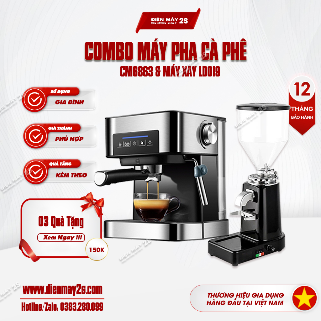 Combo máy pha cà phê cm6863 và máy xay cà phê lingdong 019 -combo máy chuyên dùng cho gia đình, văn phòng - giá tốt lazada sale tháng 07 năm 2023