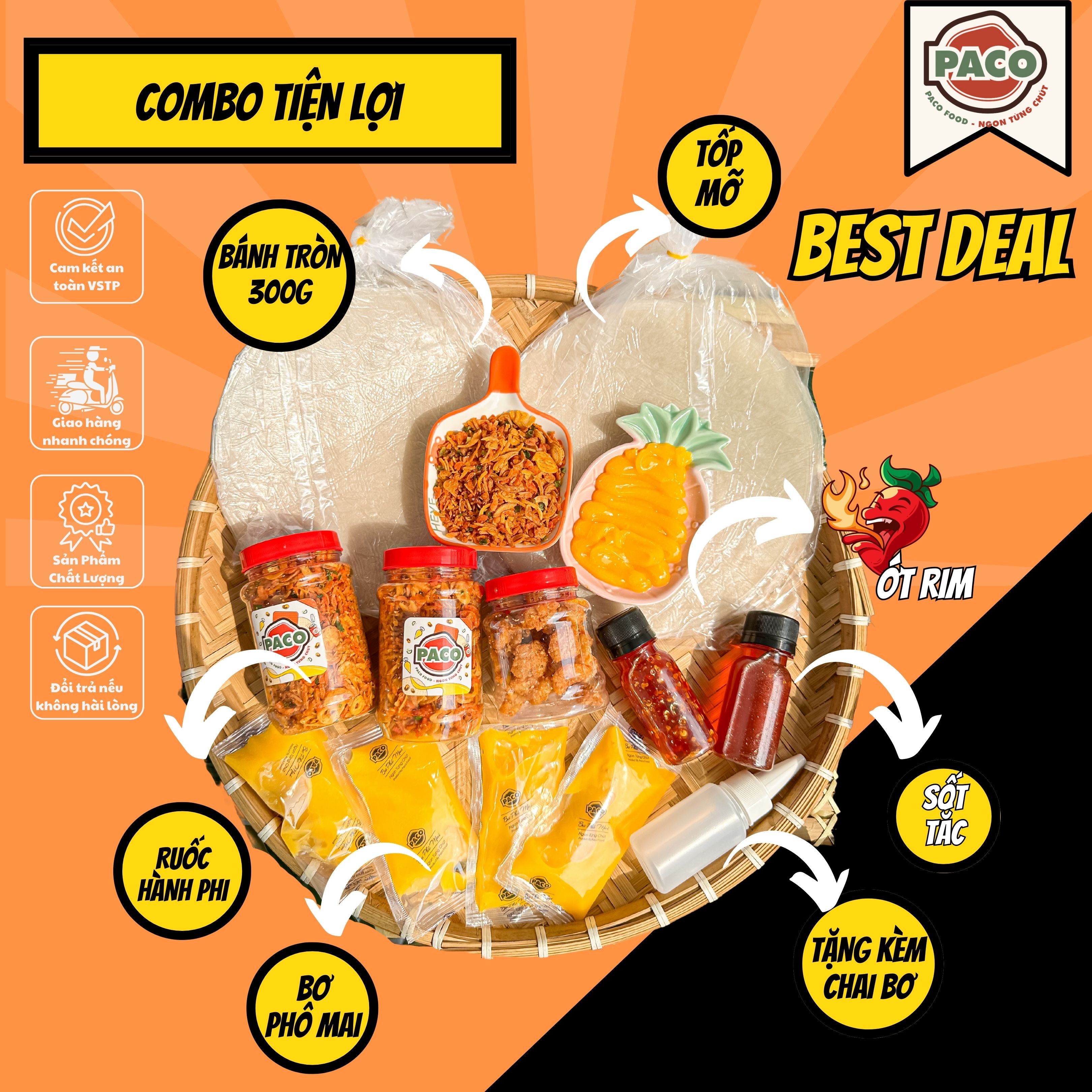 COMBO BÁNH TRÁNG TIỆN LỢI PACO FOOD GỒM 2 BÁNH 150g 2 HỦ RUỐC HÀNH PHI 1 HỦ TÓP MỠ 4 TÚI BƠ PHÔ MAI KÈM 1 SỐT TẮC 1 ỚT R