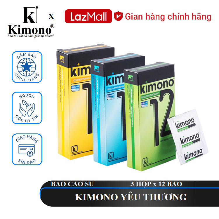 Bộ sản phẩm kimono yêu thương - gồm bao cao su kimono 0.02 vàng 12 bao + bao cao su kimono 0.03 green 12 bao + bao cao su kimono 0.04 gai 12 bao.
