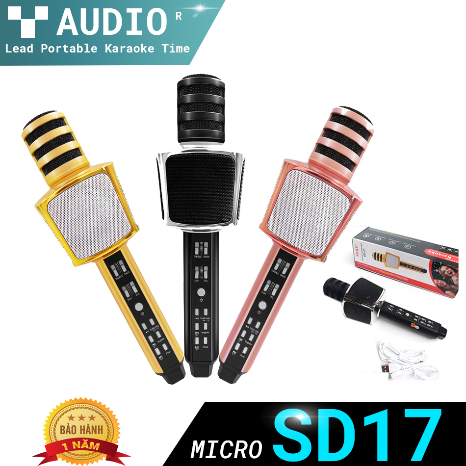 Micro hát karaoke bluetooth SD17, mic cầm tay mini, micro đa năng 3 in 1 mẫu mới 2021, mic kiêm loa, âm bas ấm, mic không dây cao câp