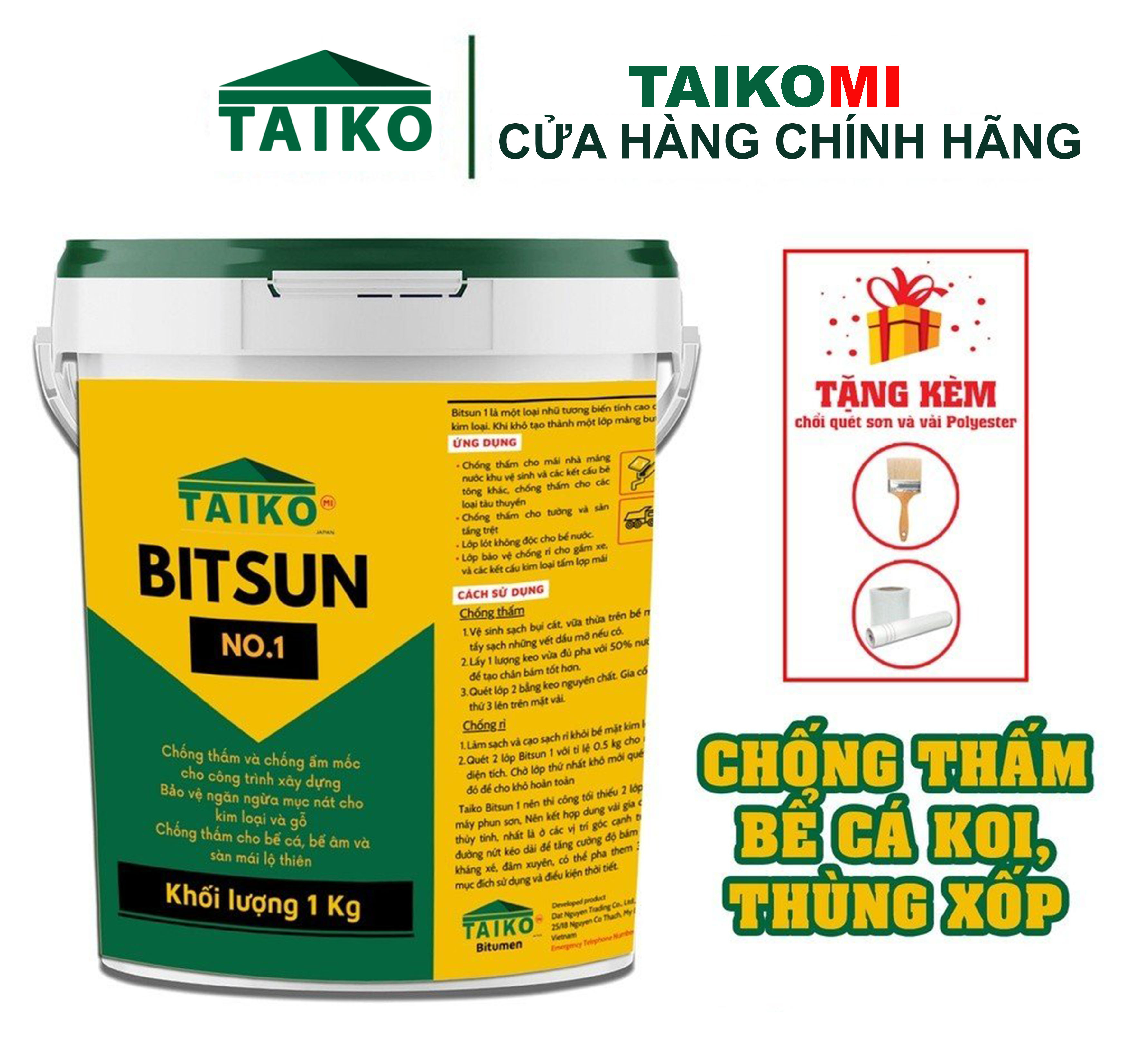 Sơn chống thấm gốc bitum taiko bitsun no.1/ thùng 5 lít - chống thấm bể cá koi, mái nhà, sân thượng, nhà vệ sinh, logia