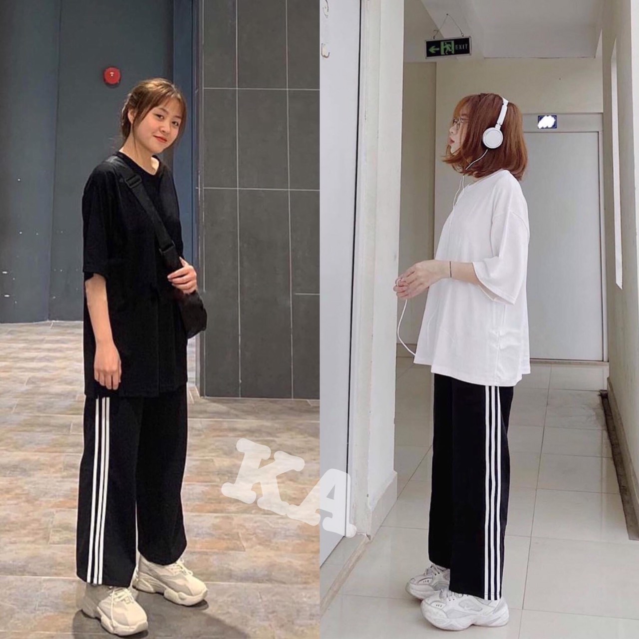 Siêu đẹp- Sét bộ áo trơn+quần ống rộng ba sọc