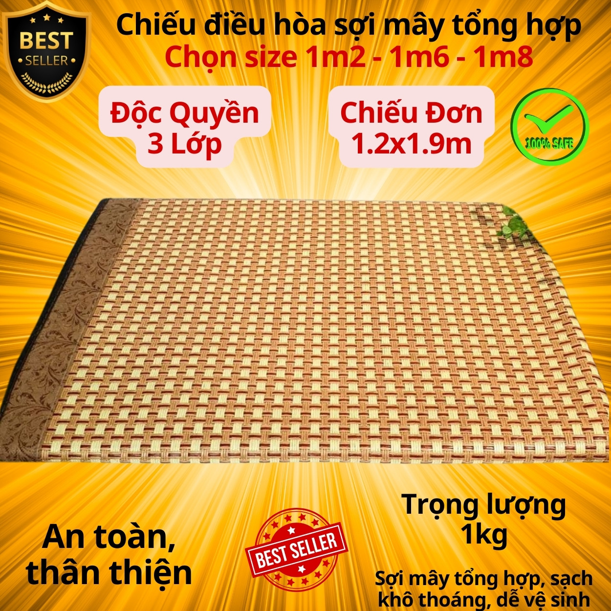 Chiếu điều hòa sợi mây tổng hợp cao cấp - Chiếu điều hòa viền vải lót lụa 1m2 1m6 1m8, thiết kế thông minh, mát lạnh, chống thấm nước - Chính hãng D Danido