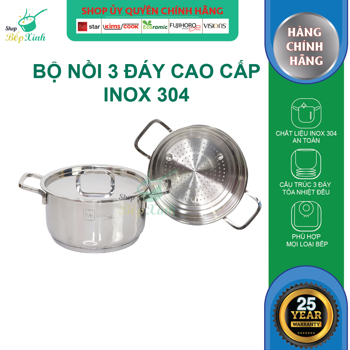 Bộ nồi xửng hấp inox 304 cao cấp Fivestar Plus nắp kính 20cm , 3 đáy dùng được mọi bếp , bảo hành 25 năm