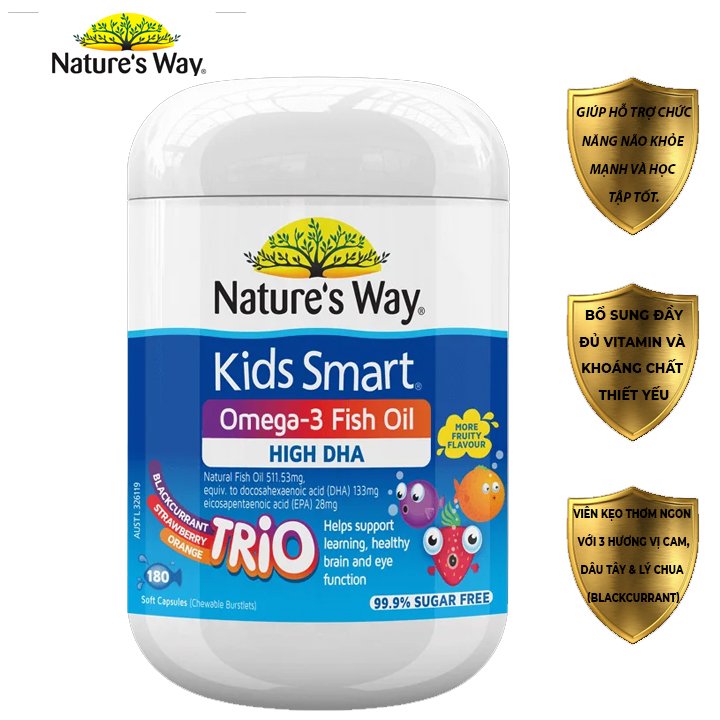 Viên nhai bổ sung omega 3 và DHA cho trẻ giúp phát triển trí não và trí thông minh ở trẻ Kids Smart Omega 3 Fish Oil High DHA  Nature's Way 60 viên