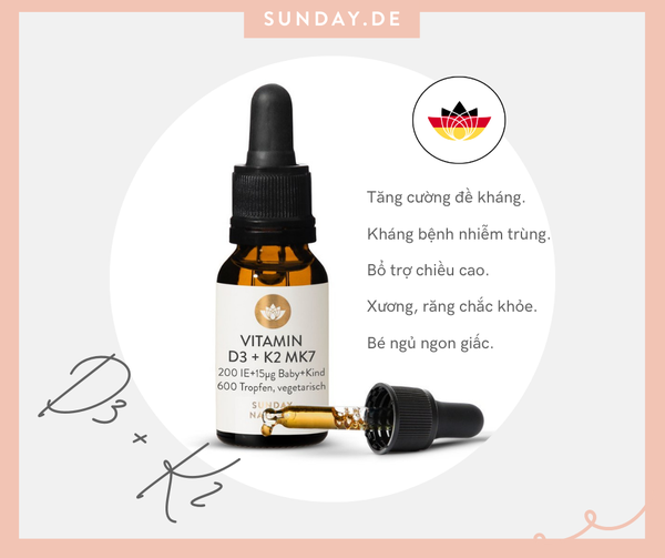 Vitamin D3 K2 Mk7 Sunday Natural 20ml Đức Bổ sung vitamin D3, K2 rất tốt cho hệ xương và răng Phòng chống còi xương, dị dạng xương ở trẻ sơ sinh và trẻ nhỏ  Hỗ trợ phát triển chiều cao Tăng khả năng hấp thu canxi
