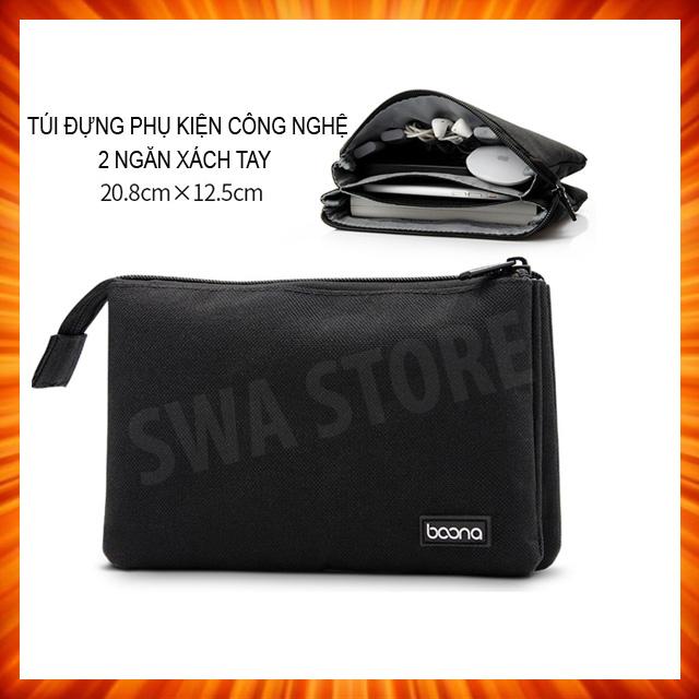 [Vải chống nước] Túi đựng đồ công nghệ túi phụ kiện công nghệ túi đựng sạc cáp tai nghe hãng Boona 2 ngăn (size 20.8cm)