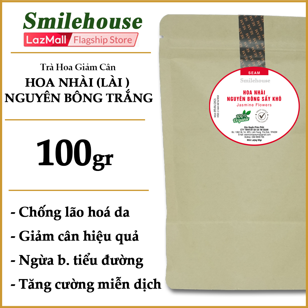Trà hoa nhài nguyên bông trắng, thơm tự nhiên thương hiệu Smilehouse 100gr, trà thảo mộc giảm cân