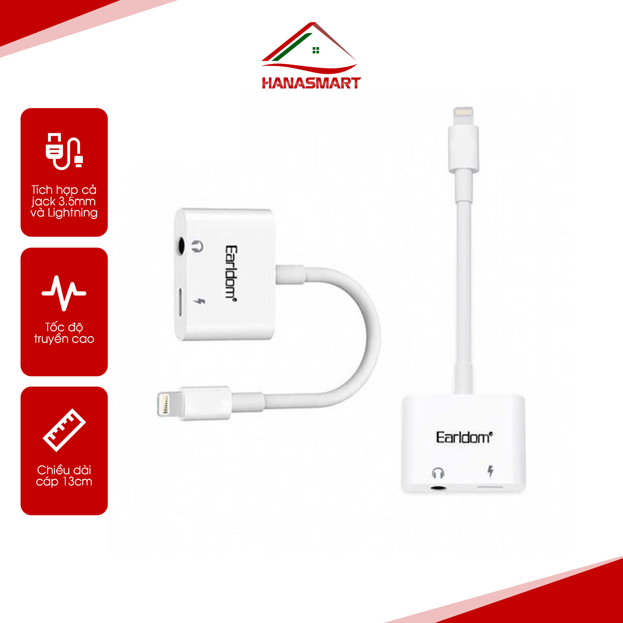 Jack chuyển cổng lightning  sang 3.5 dành cho  Iphone 1 thành 2 Earldom OT-16 chính hãng HS15 cáp chuyển đổi giải pháp vừa nghe nhạc vừa sạc pin - HANA SMART