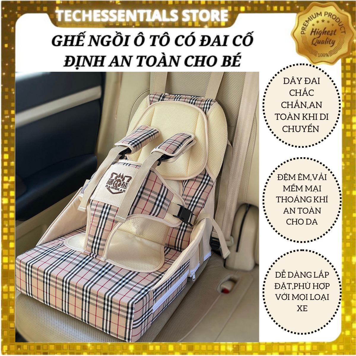 Ghế ngồi ô to cho bé cao cấp chắc chắn,đai ngồi ghế cho bé cố định,dây đai an toàn cho bé khi ngủ,ghế ngồi xe hơi cho trẻ TechEesentials Store