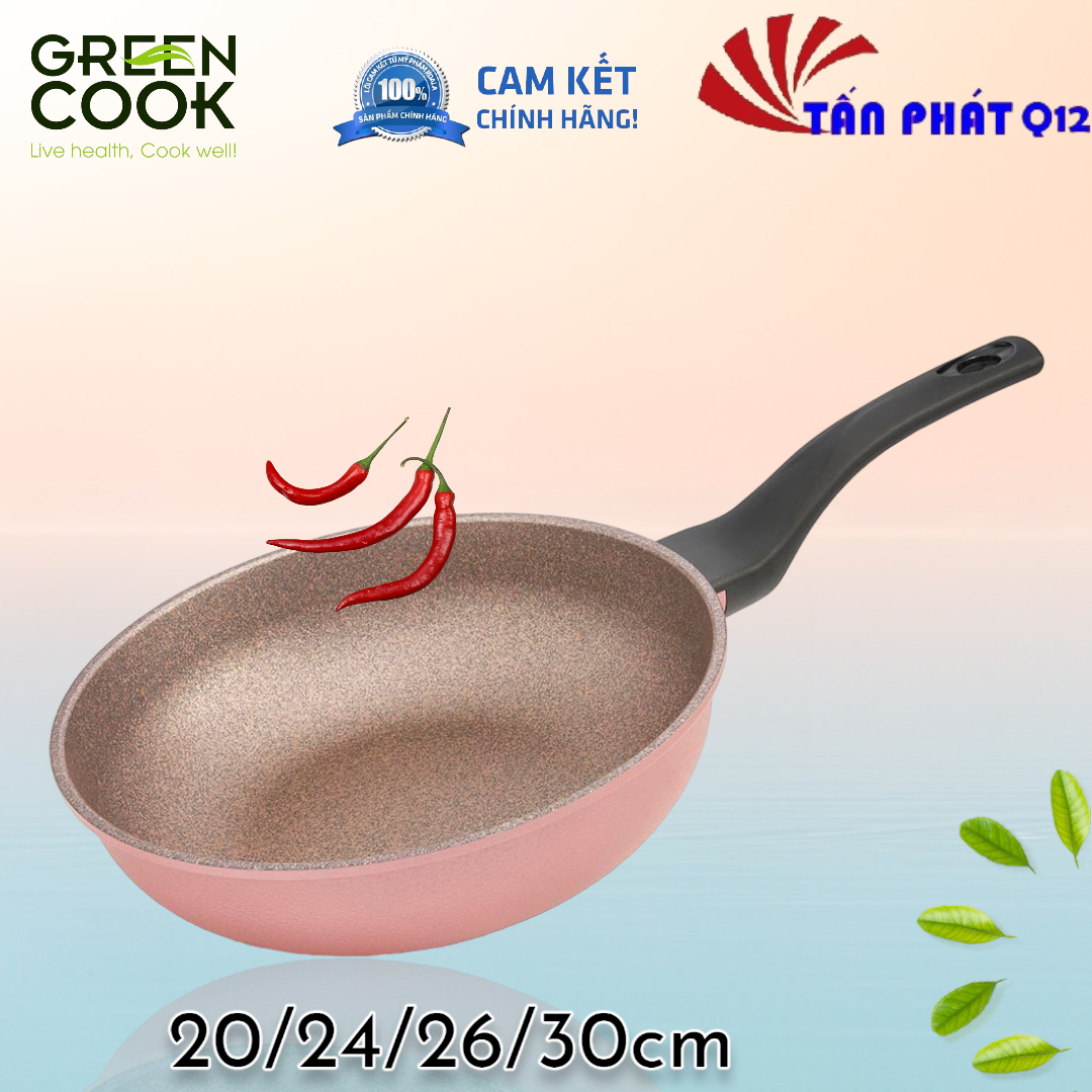 [HCM][ĐỦ SIZE] CHẢO ĐÚC VÂN ĐÁ ĐÁY TỪ chống dính 7 lớp GREEN COOK (màu hồng siêu xinh)