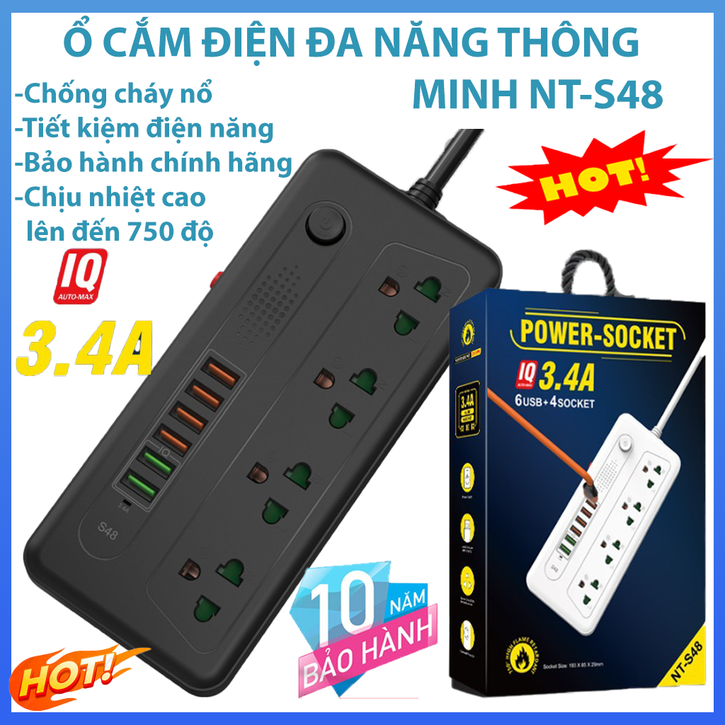 Ổ cắm điện đa năng chống giật với 6 cổng usb – sạc trực tiếp – tiết kiệm điện, ổ cắm điện đa năng thông minh nt-s48 6 cổng usb 5v sạc nhanh.