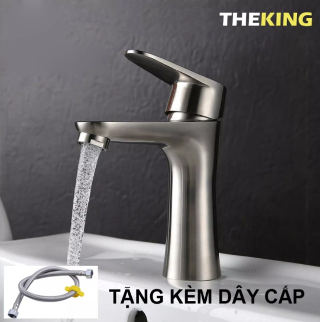 Vòi lavabo rửa mặt THE KING  dòng lạnh đơn inox sus 304, chống xước mờ chống bám vân tay, loại dùng cho cắm chậu âm 1 trụ + Tặng dây cấp