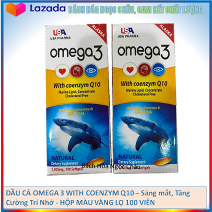 Sáng mắt, tăng cường trí nhớ - dầu cá omega 3 with coenzym q10 -hộp màu vàng lọ 100 viên