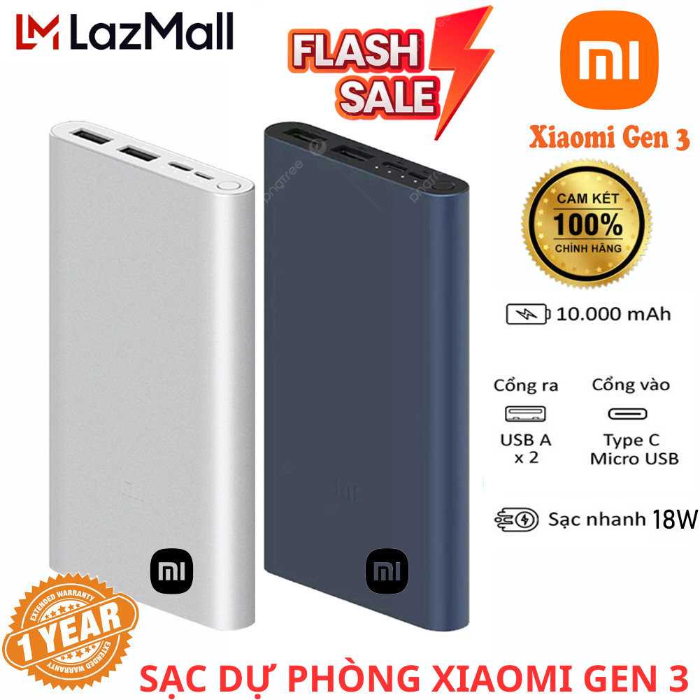 (HCM)LazMall HÀNG CHÍNH HÃNG XIAOMI Pin Sạc Dự Phòng Xiaomi Gen 3 10000 mAh 18W Chuẩn Quick Charge 3.0 Bản Tích Hợp 2 Cổng USC Và Cổng Type-C Hỗ Trợ Sạc Nhanh ,Pin Dự Phòng Sạc Nhanh Vỏ Kim Loại Chắc Chắn Version Mới BẢO HÀNH TOÀN QUỐC-WINMALL VIỆT NAM