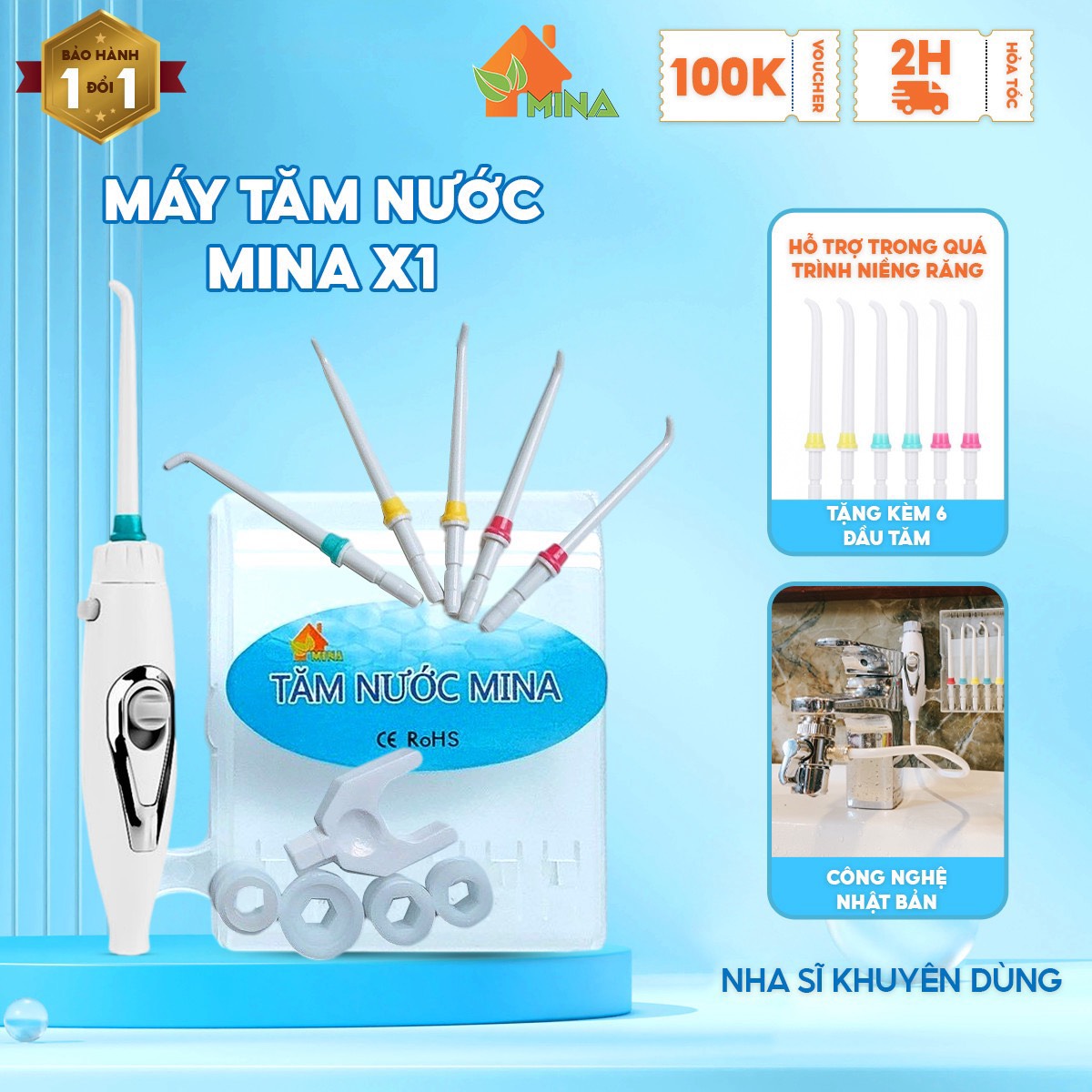 Tăm nước mina. máy tăm nươc. công nghệ nhật bản, bảo hành đổi mới 24 tháng.·tắt bật chỉnh áp lực trên thân tăm. gắn vòi rửa mặt. không phải đổ nước. không dùng điện. tặng 6 đầu tăm. may tam nuoc. tam nuoc.