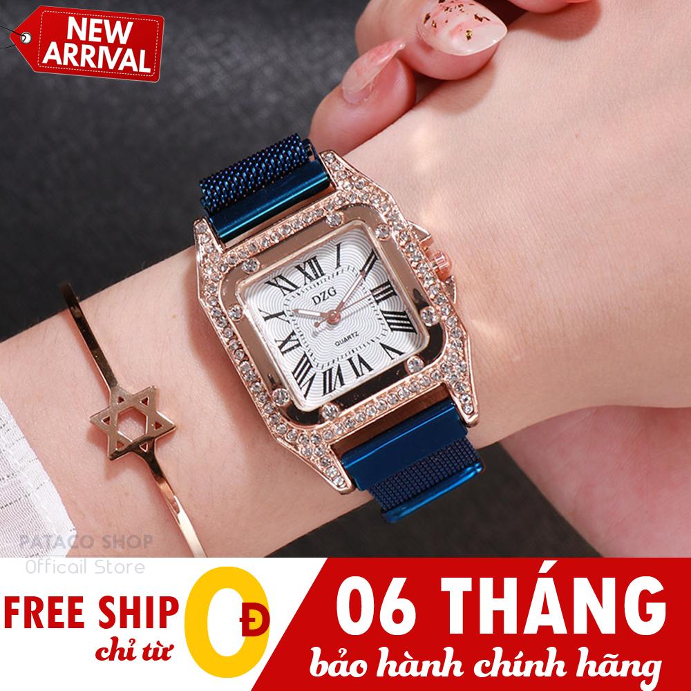Đồng hồ nữ thời trang DZG D71, Dây lưới thép nam châm, Mặt chữ nhật đính đá sang trọng, Bảo hành 6 tháng