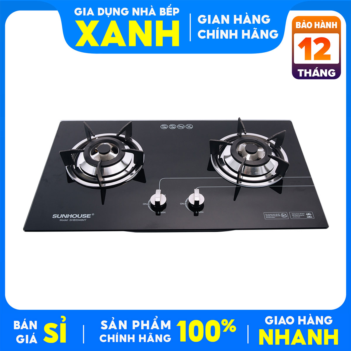 Bếp ga âm đôi Sunhouse SHB5546MT Mới 97-99% Hệ thống đánh lửa IC,có 1 đầu hâm tiện dụng,nấu tiết kiệm gas.Mặt bếp bằng kính cường lực
