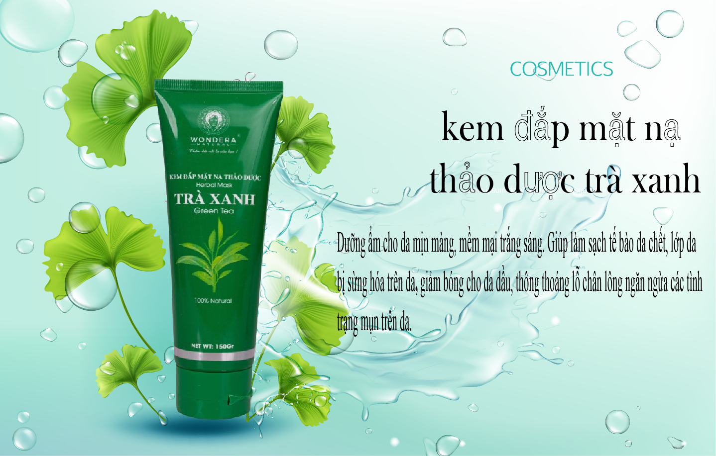 Mặt nạ thảo dược Trà Xanh wondera 150g, dành cho da nám mụn thâm, cho da trắng hồng
