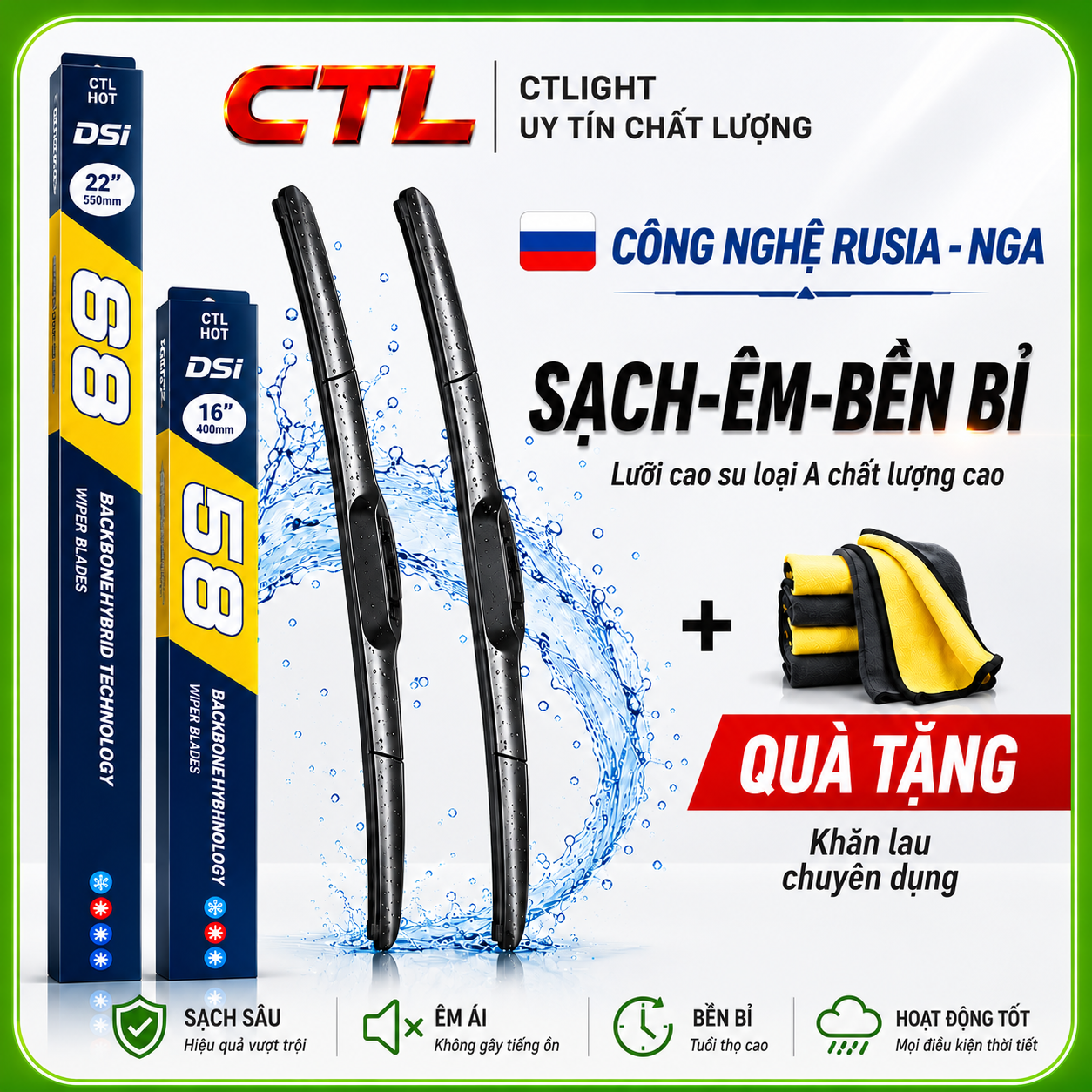 Gạt mưa ô tô D/S Rusia 3 khúc cao cấp siêu sạch đủ size lỗi 1 đổi 1