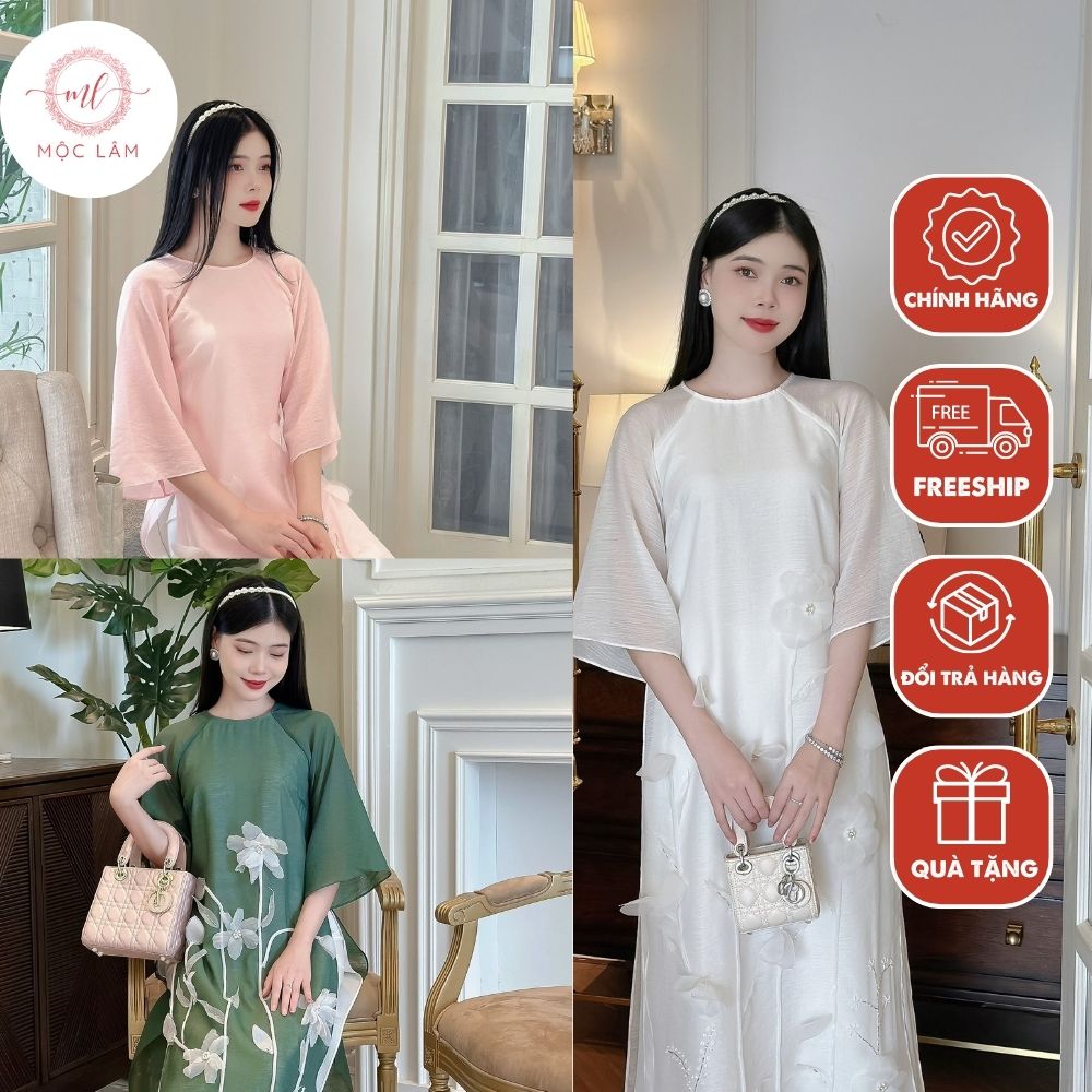 Áo dài cách tân 4 tà đính kết hoa chất liệu tơ cao cấp - áo dài mộc lâm - ad39