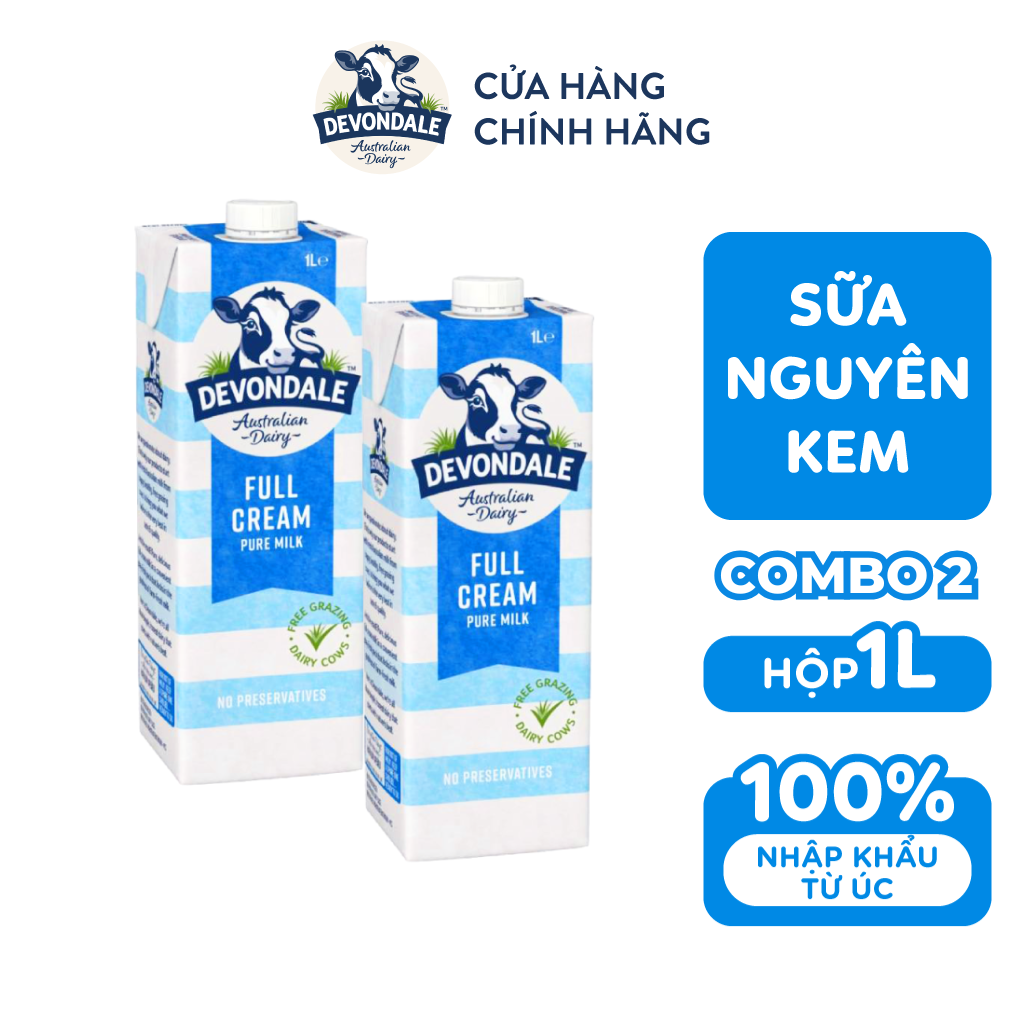 Combo 2 Hộp Sữa Devondale Sữa Tươi Tiệt Trùng Nguyên Kem Không Đường(1L/Hộp)