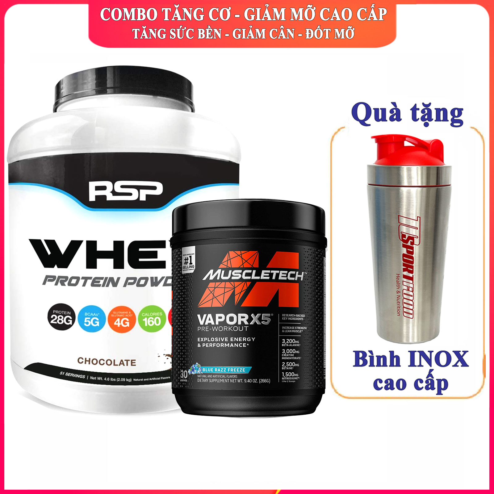[FREE SHAKER INOX 750ML] Combo tăng cơ giảm mỡ Whey Protein Powder hộp 51 lần dùng hương socola và Vapor X5 hộp 30 lần dùng hương Blue Razz hỗ trợ tăng cơ giảm cân giảm mỡ bụng mạnh mẽ cho người tập Gym và chơi thể thao