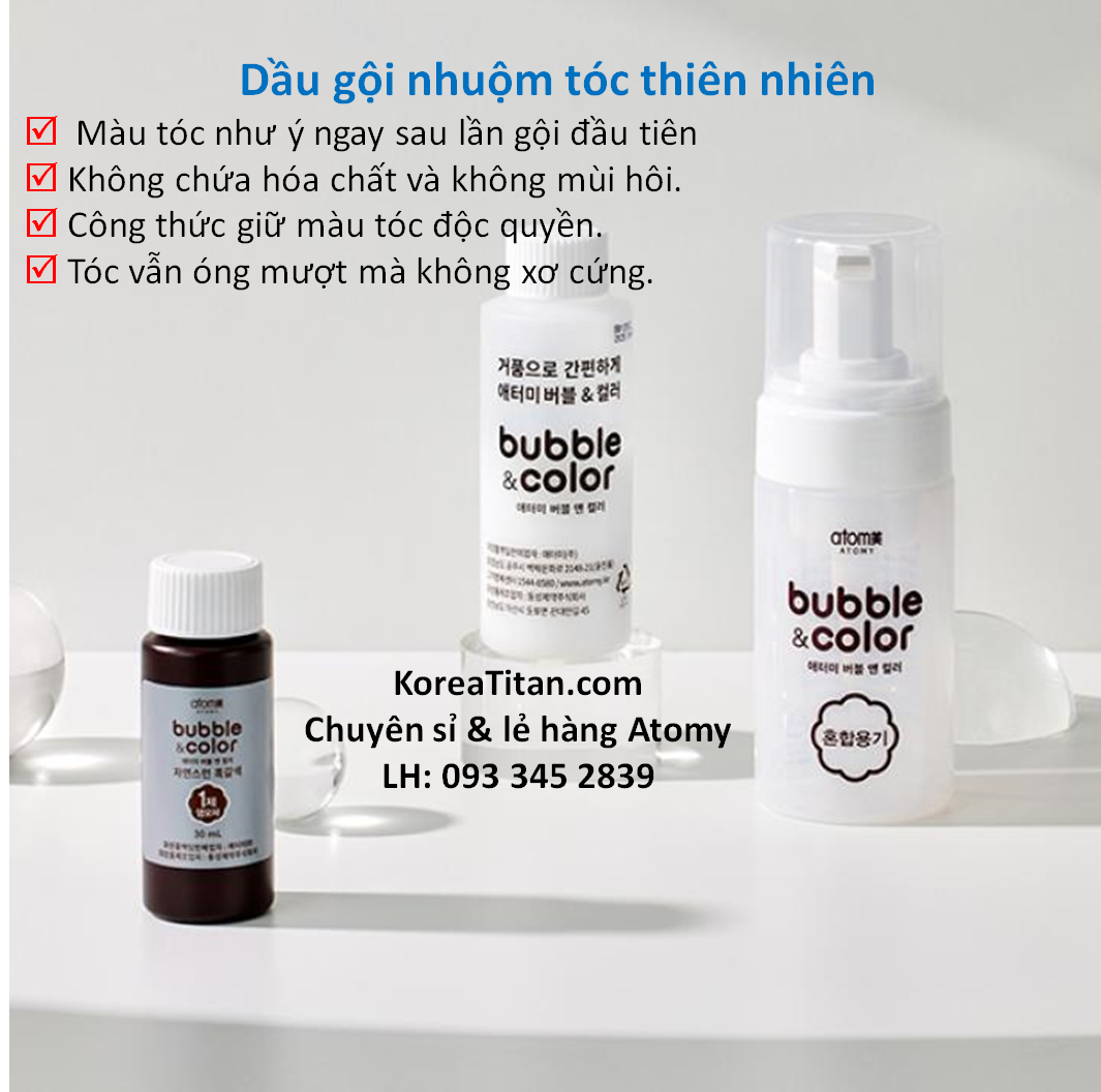 Dầu gội nhuộm tóc phủ bạc tại nhà bền màu và mềm mại tóc (nâu, nâu đen, đen) chiết xuất tự nhiên, không mùi hôi khó chịu, tóc mềm mượt sau nhuộm - Atomy Bubble & Color - 버블앤 컬러 (1제 30ml/2제 50ml) - Atomy Bubble и цвет