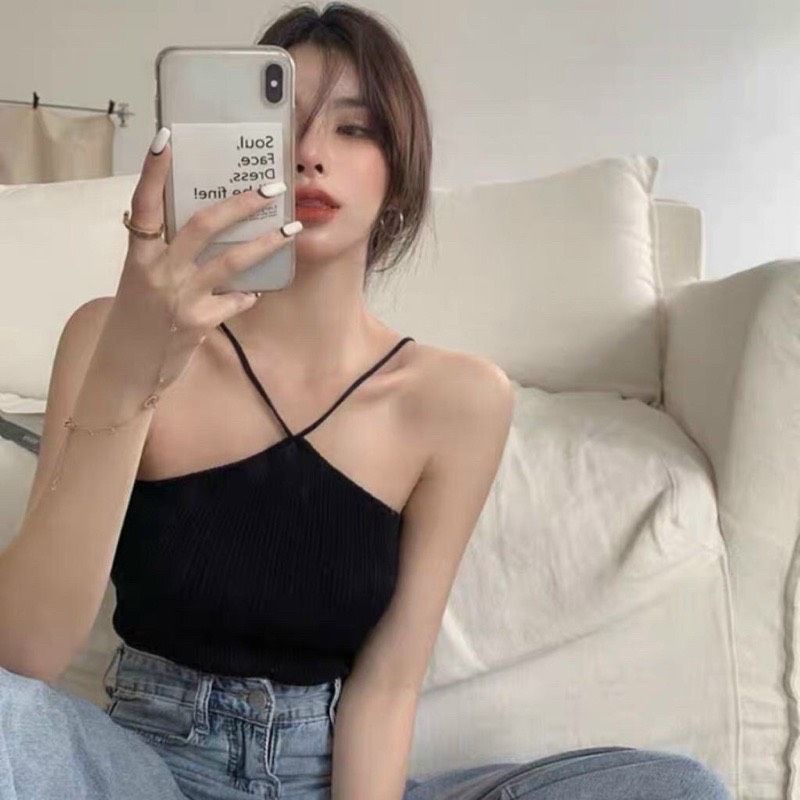 Áo croptop yếm hai dây 3 màu đen - trắng - hồng form nữ basic hàn quốc
