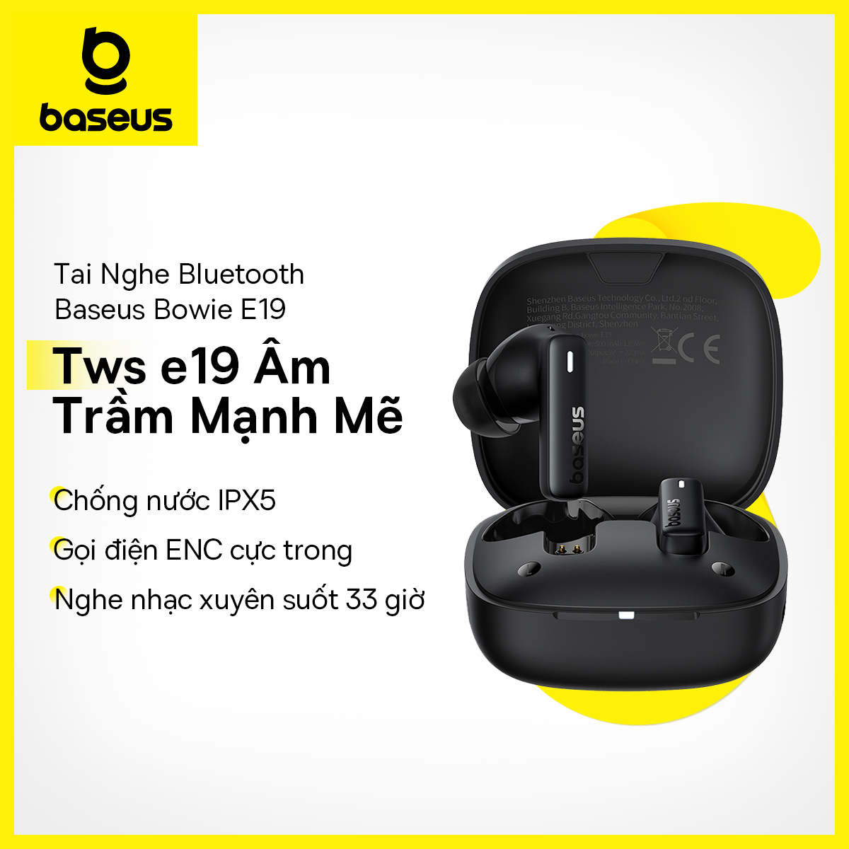 Tai Nghe Bluetooth Không Dây Baseus Bowie E19 TWS chống nước IPX5 ENC nghe nhạc gọi điện xuyên suốt 33 giờ