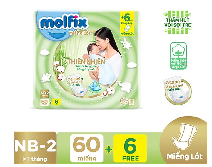[TẶNG 6 MIẾNG] Miếng lót sơ sinh thiên nhiên Molfix NB2 60