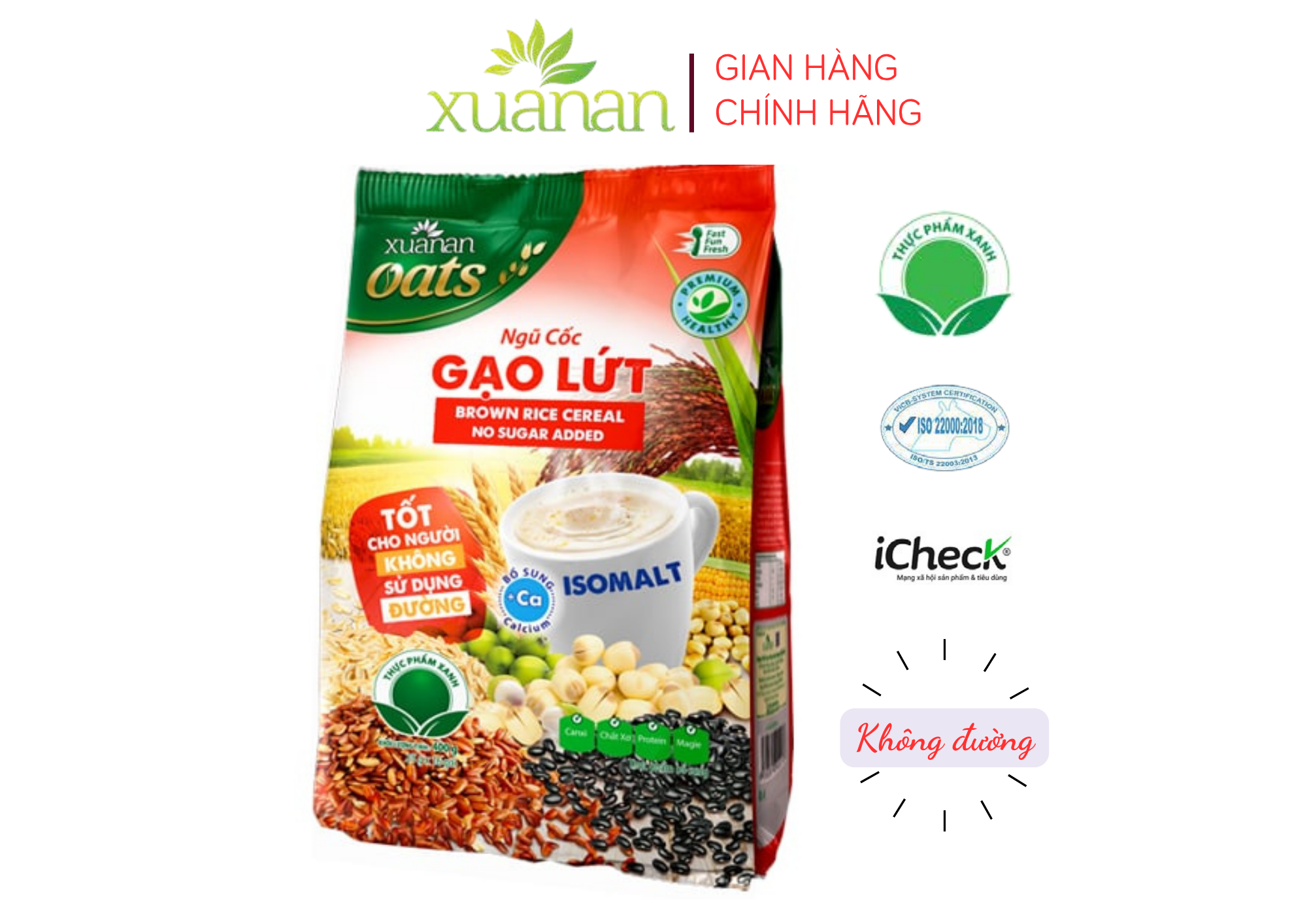 Ngũ Cốc Gạo Lứt No Sugar Xuân An [đường ăn kiêng] Túi 400G {25g*16 gói}(Tặng Kèm 1 Túi Yến Mạch 150G)