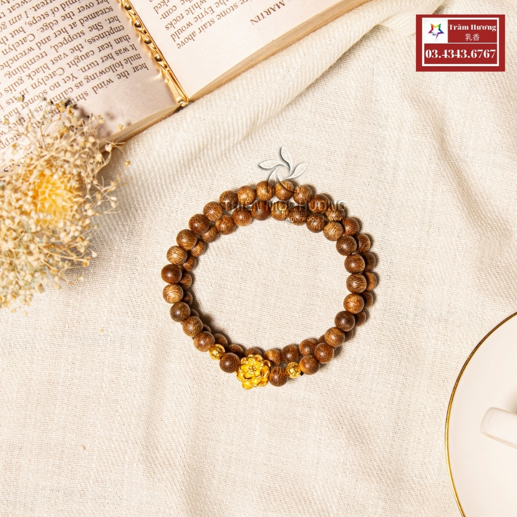 Vòng tay tràm hương chuỏi 54 hạt mix hoa sen vàng - Nữ đeo đẹp - Cỡ vòng tay 6/7/8mm - Mang lại bình an, may mắn cho người dùng