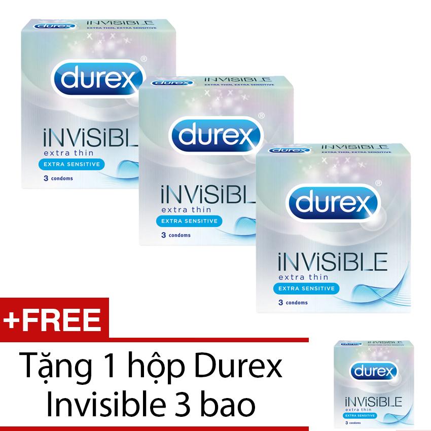 Combo 3 hộp bao cao su siêu mỏng Durex INVISIBLE tặng 1 hộp cùng loại 3c
