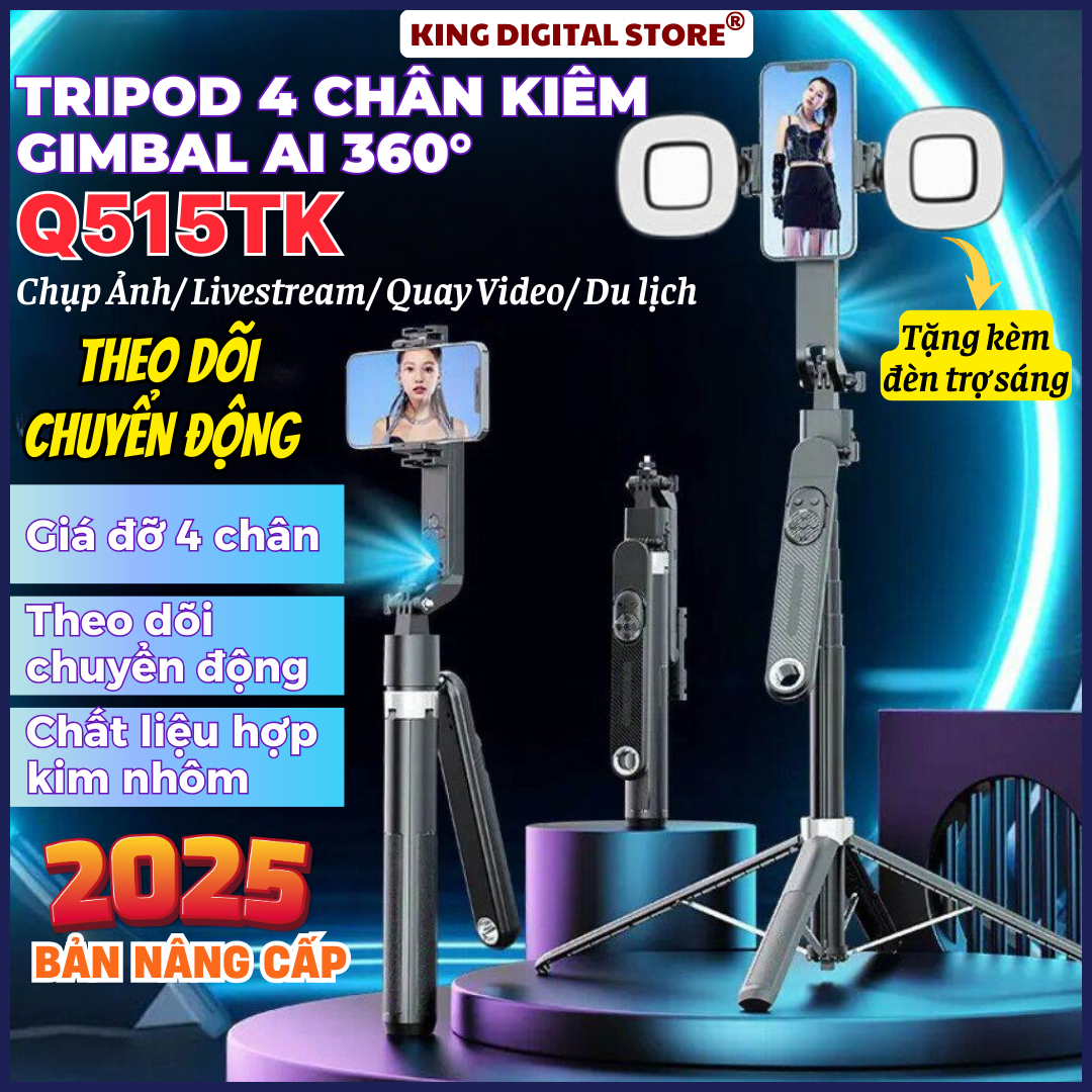 Tripod Điện Thoại Kiêm Gimbal AI 5.0 Thông Minh Q515TK, Giá Đỡ Điện Thoại Xoay 360 Độ, Gậy Chụp Ảnh 4 Chân Theo Dõi Chuyển Động Kéo Dài 1.8m Có Remote Kết Nối Bluetooth Tích Hợp Đèn Trợ Sáng