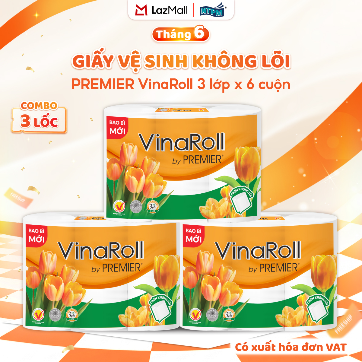 [COMBO 3 LỐC] Giấy vệ sinh PREMIER VinaRoll không lõi, 3 lớp - 100% bột giấy nguyên sinh, không chất tẩy, 6 cuộn/lốc - Chính hãng