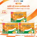 [COMBO 3 LỐC] Giấy vệ sinh PREMIER VinaRoll không lõi, 3 lớp - 100% bột giấy nguyên sinh, không chất tẩy, 6 cuộn/lốc - Chính hãng