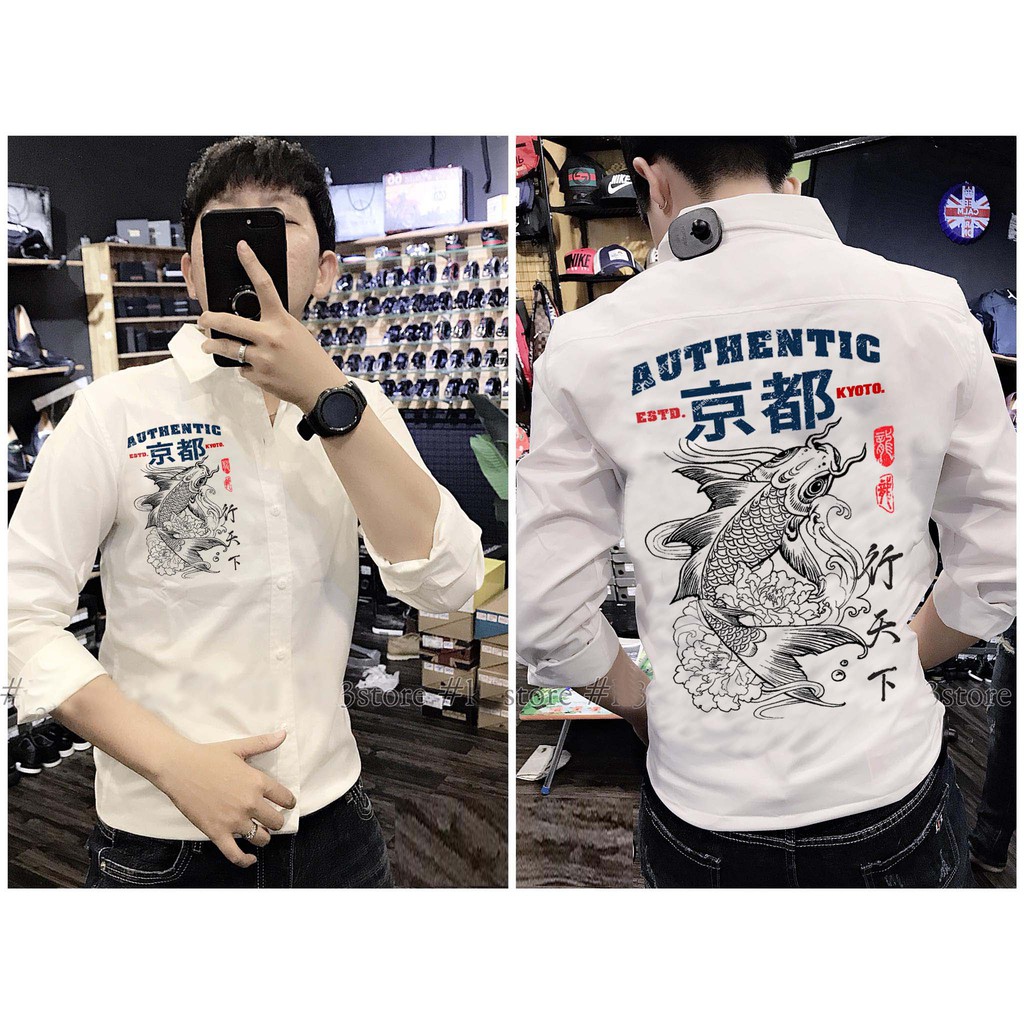 [HCM]Áo Sơ Mi Nam Trắng Họa Tiết Cá Chép Thư Pháp Cao Cấp  Hàng Chuẩn Shop SM04 (Ảnh thật)