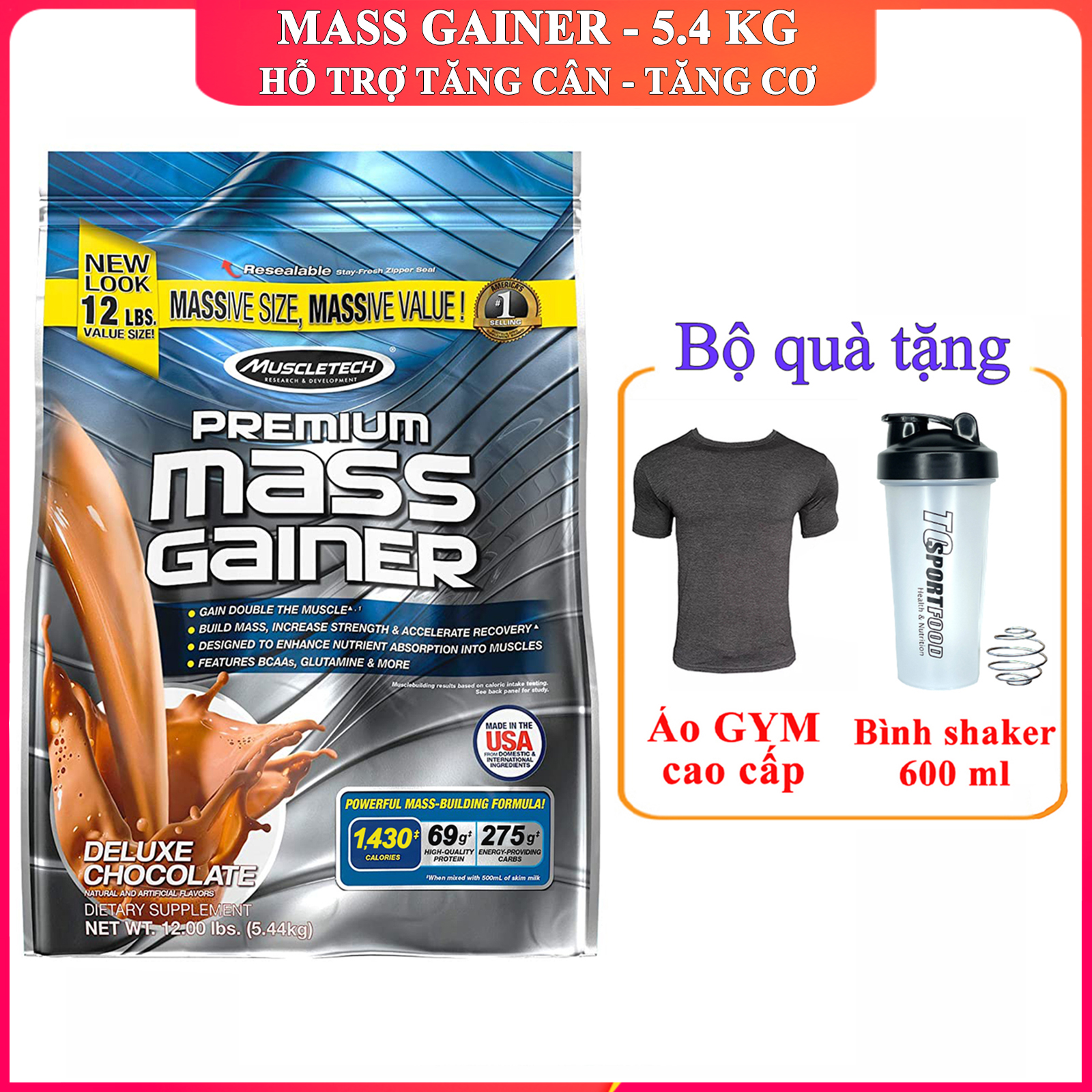 [TẶNG ÁO VÀ BÌNH SHAKER] Sữa tăng cân tăng cơ Premium Mass Gainer của Muscle Tech bịch 5.4 kg hỗ trợ tăng cân tăng cơ nạc nhanh cho người gầy khó hấp thu và kén ăn dễ hấp thu không kén người dùng