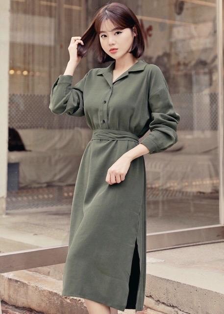 Đầm Suông Xanh Rêu Cổ Sơ Mi ( dưới 60kg )