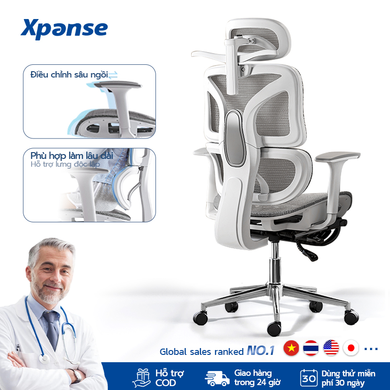 Xpanse W203 Ghế công thái học với lưới đá lạnh thoáng khí và tựa lưng thích ứng, ôm sát đường cong cơ thể