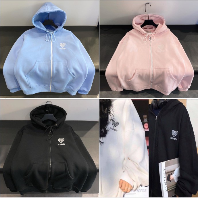 Áo Khoác Hoodie Form Rộng Thêu Tim Khóa Kéo Unisex - Áo Khoác Nỉ Thun Form RỘng Hoodie Thêu Tim Khóa Kéo Unisex