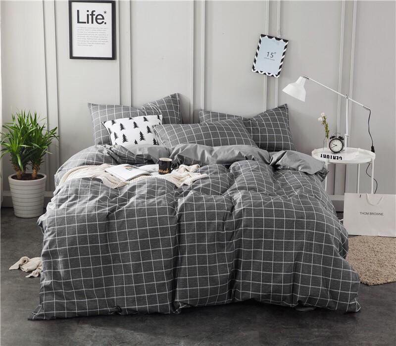 Bộ Chăn Ga Gối Cotton Hàn Quốc, Kẻ Dạ Xám,