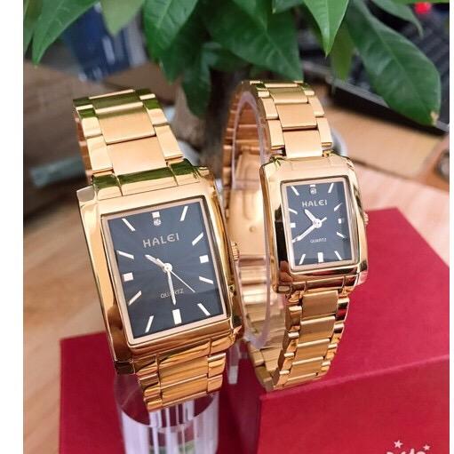 Đồng hồ nam halei mặt vuông không lịch dây vàng mặt đen