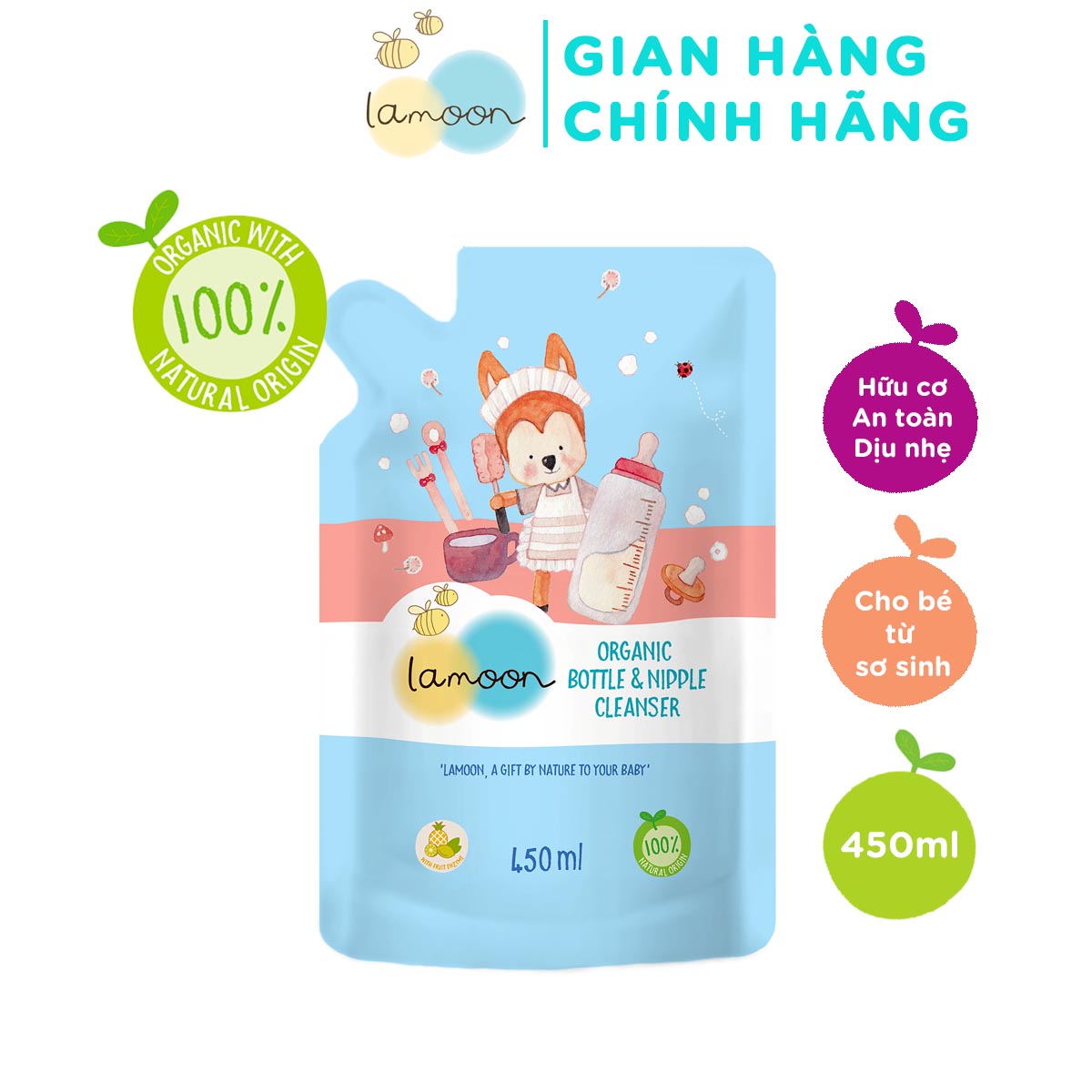 Nước Rửa Bình Sữa Organic An Toàn Cho Bé Lamoon - Túi 450ml Refill
