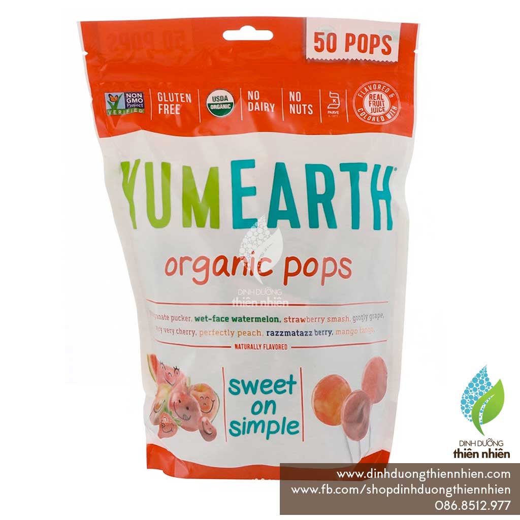 Kẹo mút trái cây hữu cơ yum earth organic lollipops, 50 cây túi nguyên