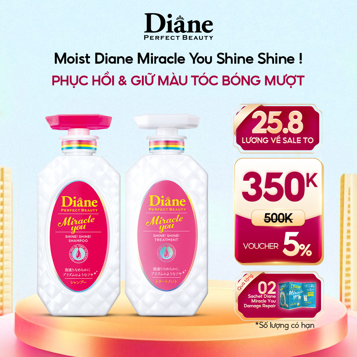Cặp gội xả Giữ Màu và Phục Hồi Sáng Bóng Cho Tóc Nhuộm Tóc Tẩy Diane Perfect Beauty Miracle you Shine Shine 450ml