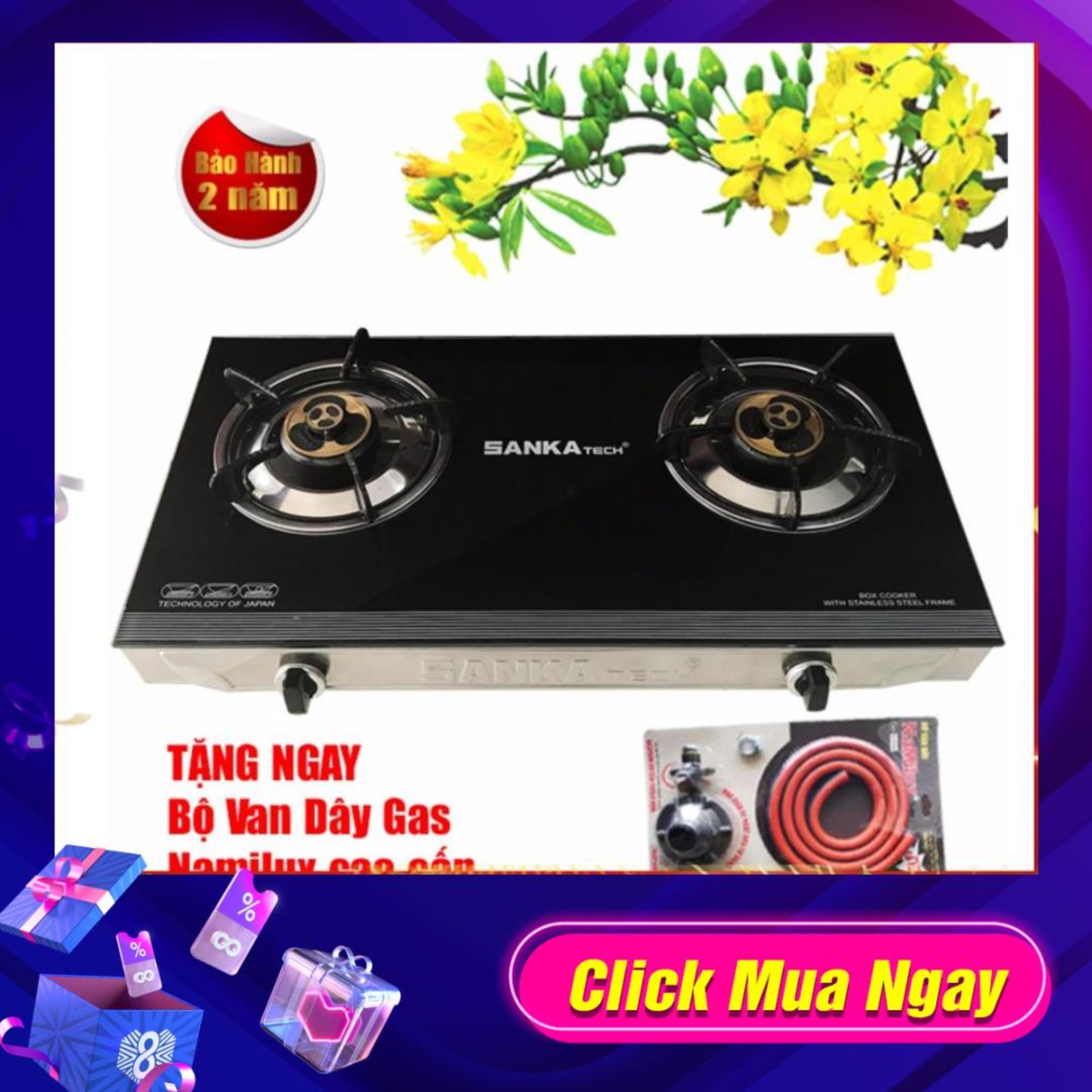 Bếp ga đôi điếu đúc gang sen đồng thau sankatech skt-527bb dòng tiết kiệm gas cao cấp