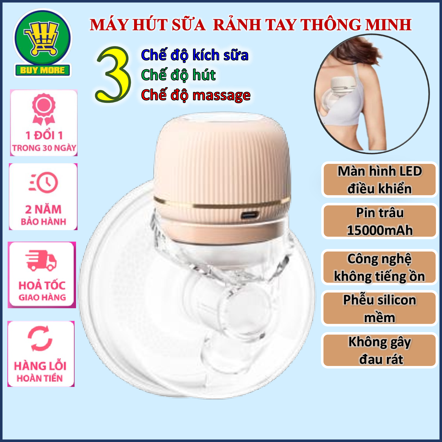 Máy Hút Sữa Không Dây Rảnh Tay Máy Hút Sữa Đơn Massage Kích Sữa Thông Minh Máy hút sữa điện đơn di động không dây S154có 3 chế độ 9 cấp độhút kiệtkhông gây đau rát